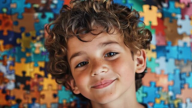 Child smiling brightly with colorful jigsaw puzzle pieces on World Autism Awareness Day celebration in a vibrant, engaging environment promoting inclusivity and acceptance