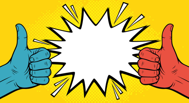 Blue and red thumbs up hands comic pop art style