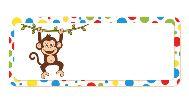 Cartoon monkey hangs from vine on colorful dotted label frame