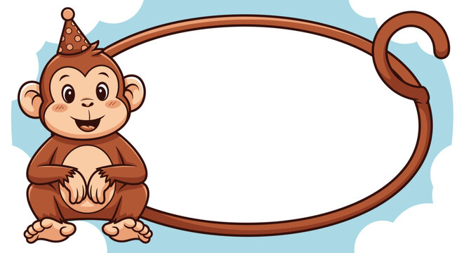 Cartoon monkey with party hat and tail frame on cloudy background