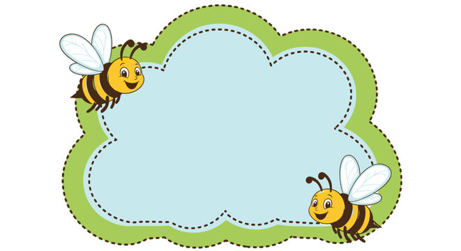 Cute cartoon bees flying around a blank cloud frame