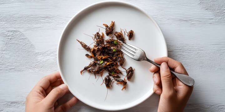 Hands holding plate with roasted edible crickets