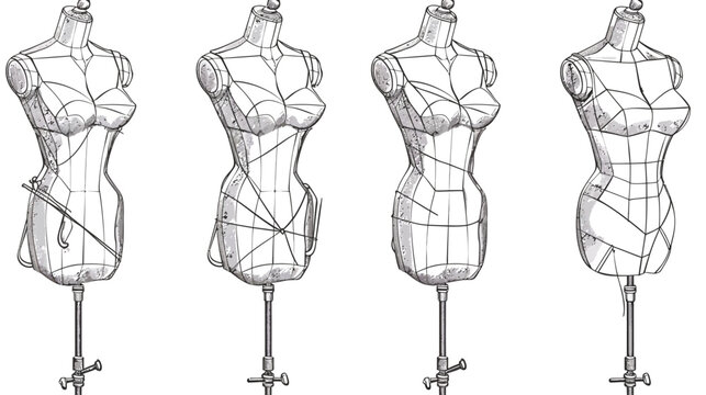 Four female dress form illustrations with gridlines for pattern making