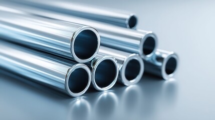 Fototapeta premium Shiny metal pipes stacked in a pile, industrial material, close-up view