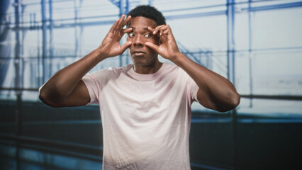 Black man pulls down lower eyelids with fingers and rolls eyes in airport terminal wearing pink...