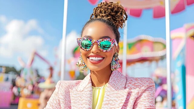 Joyous Black woman wearing flamboyant patterned sunglasses and large colorful earrings smiles broadly in front of blurred carnival attraction on sunny day.