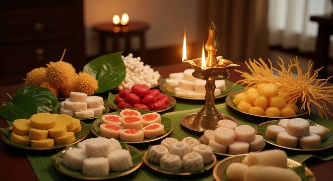 Traditional Sinhala and Tamil New Year Avurudu Kema Mesaya with Kiribath, Kavum, Kokis and other Sweetmeats on Banana Leaves with Kuthu Vilakku Lamp