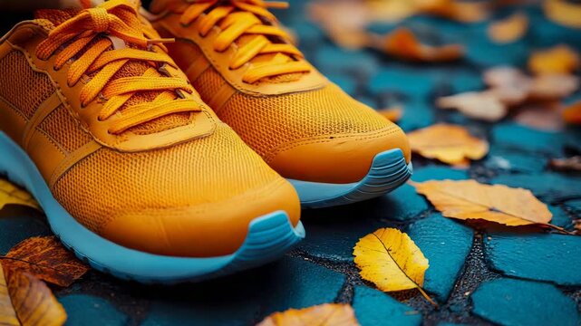 Bright orange athletic shoes resting on damp cobblestone path with fallen autumn leaves scattered around, suggesting brisk outdoor excursion.
