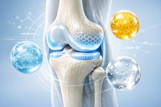 Human knee joint anatomy with collagen concept and glowing spheres. Ai generative