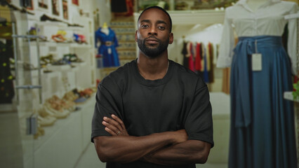 Man with arms crossed in retail store aisle, forearms and hands visible, facing camera with neutral expression and upright posture  quiet confidence. © Krakenimages.com