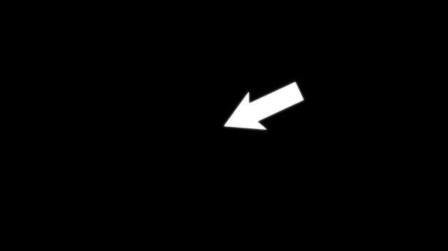White diagonal arrow animation pointing down left on transparent background. High quality 4K directional indicator for tutorials, call to action, presentations, navigation, overlays.