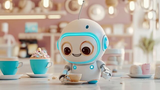 Charming, friendly robot enjoying delightful moment with small cup of beverage, surrounded by sweet treats in cozy cafe setting.