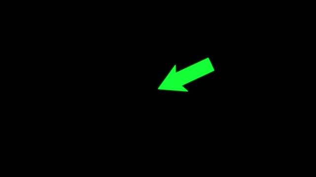 Green diagonal arrow animation pointing down left on transparent background. High quality 4K directional indicator for tutorials, call to action, presentations, navigation, overlays.