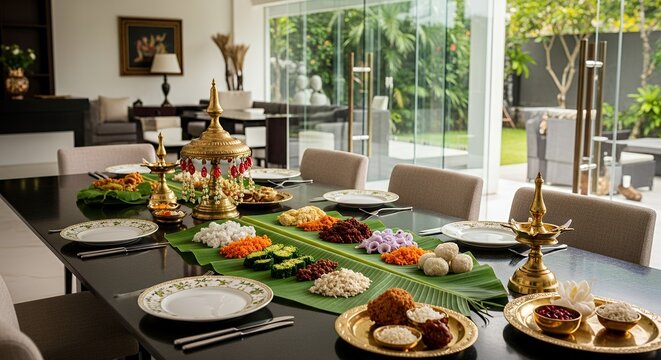 Elaborate Sinhala and Tamil New Year Avurudu Kema Mesaya with traditional foods and oil lamps on a modern dining table in a luxurious home