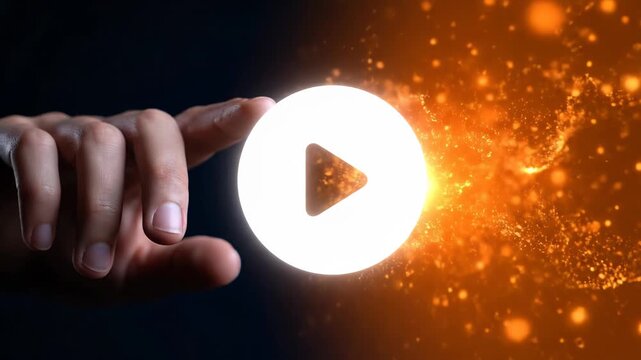 Hand Pressing Glowing Play Button with Fiery Sparks in Dark Background