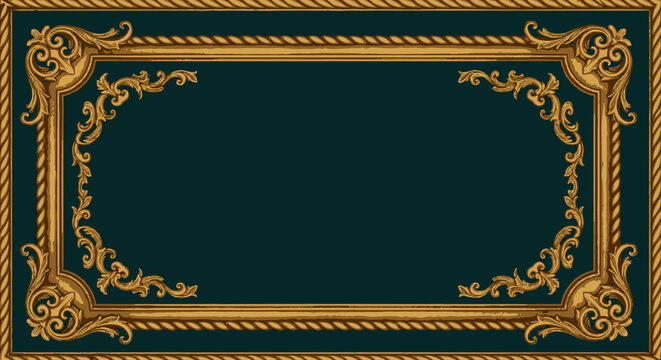 Ornate gold rococo style frame with dark green background