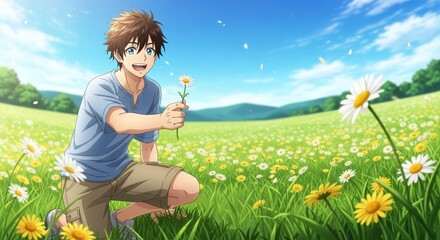 Man with white flower anime style wide composition with field copy space metaphor for internal silence