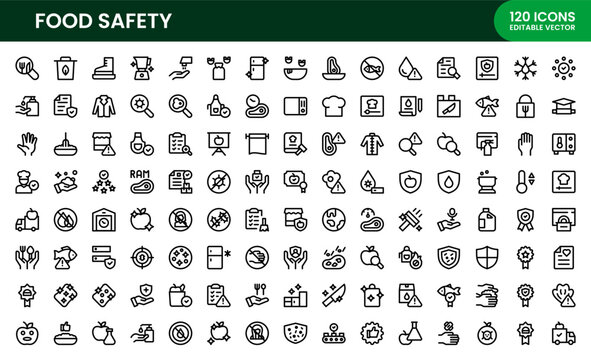Food Safety icon set. Food Safety Professional Line Icon Set includes modern minimal and professional vector icons for food safety awareness.