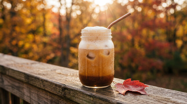 A glass of iced coffee with a straw sits on a wooden railing in an autumnal forest
