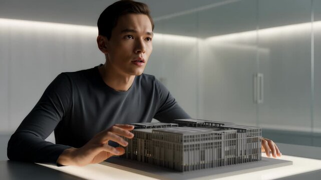 Architect Examining Building Model in Modern Office