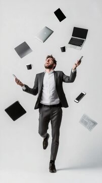 Businessman balancing multiple electronic devices and coffee, juggling work elements against crisp white background, representing professional multitasking and dynamic workplace environment