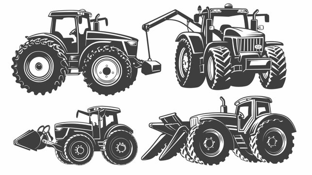 Four monochrome tractor illustrations with different attachments on a white background