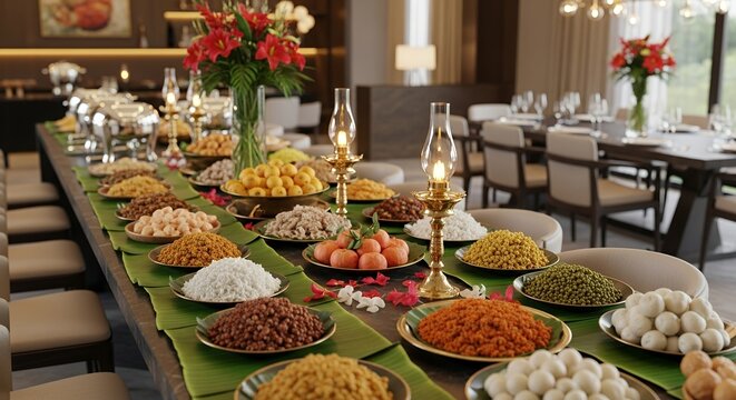 Authentic Sinhala Avurudu Kema Mesaya with kiribath, kavum, kokis, and kalu dodol on a modern dining table surrounded by lit oil lamps