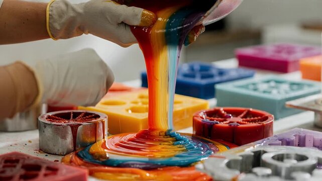 Brightly colored molten paraffin flowing into artistic molds emphasizing vibrant hues and creative casting techniques for decorative wax blocks.