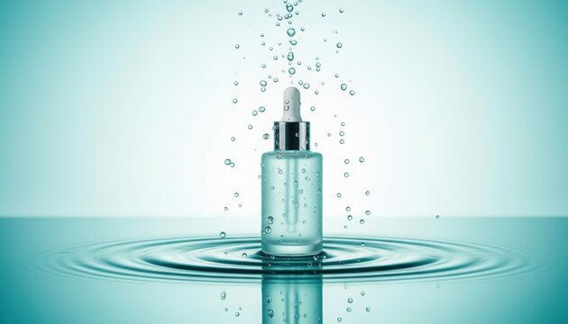Luxury Skincare Serum Bottle with Water Droplets and Ripples.