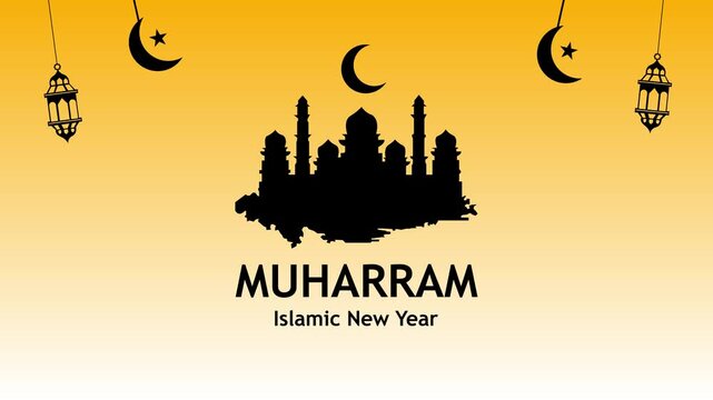 Golden gradient Islamic New Year Muharram banner with black mosque silhouette, hanging lanterns and crescent moons, minimal festive greeting background.