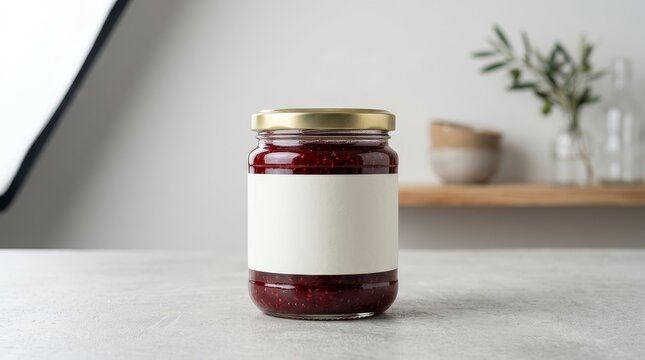Blank jam jar mockup with red fruit spread on table