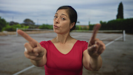 Middle age hispanic woman in red shirt pointing index finger at camera on outdoor tennis court...