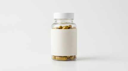 Clear glass bottle with white cap filled with capsules