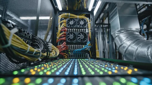 Computer hardware and technology inside a server room for data processing network infrastructure and digital solutions with powerful computer system running complex algorithms in a modern datacenter
