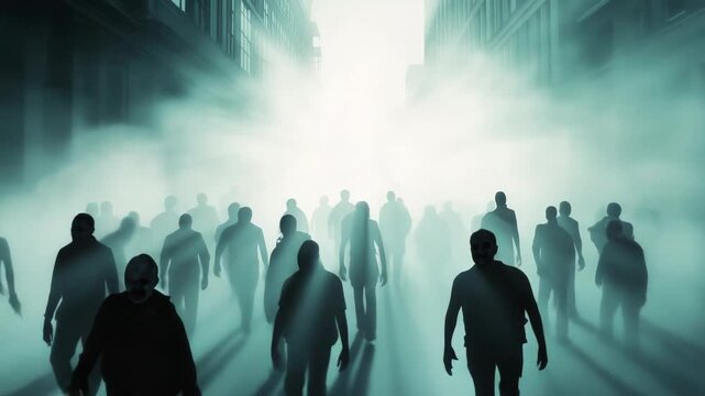 Decaying urban landscape overrun by shuffling zombie hordes, wandering through dense fog and creating menacing post apocalyptic atmosphere of total societal collapse
