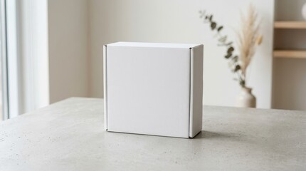 Plain white product box mockup on a textured surface