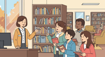 Librarian teaching children about books in a cozy library with bookshelves and autumn window view © Arif