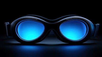 Futuristic blue glowing goggles with dark background and reflective surface