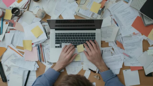 Office worker sitting at a cluttered desk overflowing with paperwork while typing on a laptop, capturing the essence of chaos and stress in a busy workplace from a top view