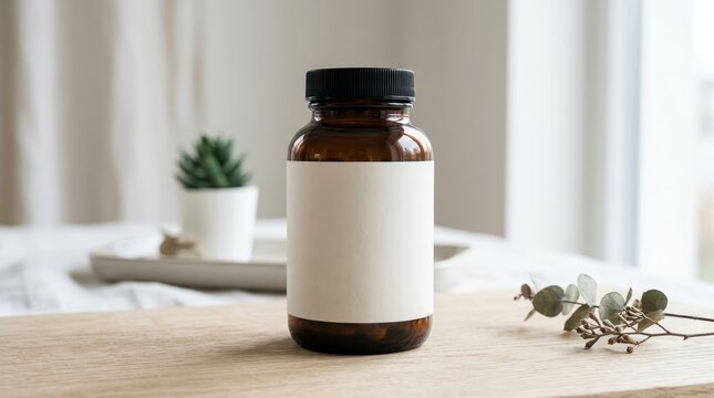 Amber vitamin bottle mockup with empty label on wooden surface