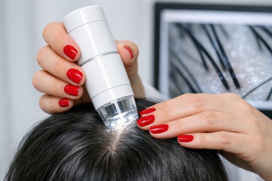 Scalp examination with trichology device for hair loss checkup.. Ai generative