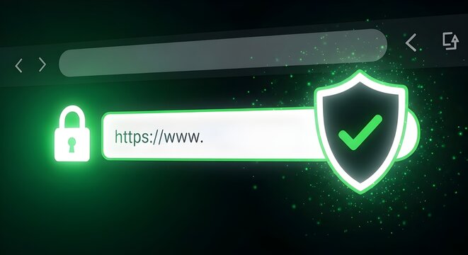 A glowing green web browser address bar displaying HTTPS and security icons.