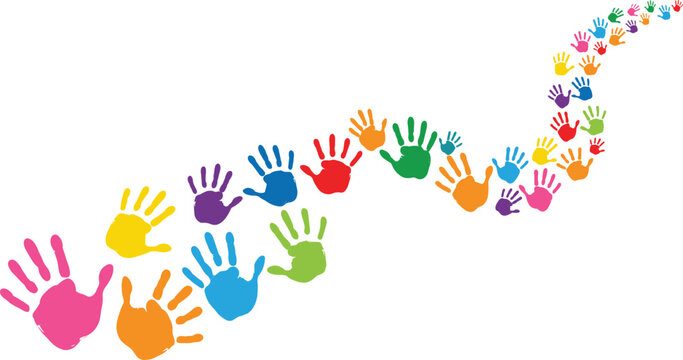 Colorful handprints forming creative curved trail symbolizing diversity unity childhood creativity community inclusion paint art concept isolated on light background education teamwork