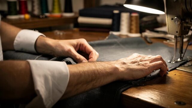 Tailor working on cuffed trouser hems showcasing careful folding and stitching under bright lighting emphasizing craftsmanship in a cozy sewing studio.