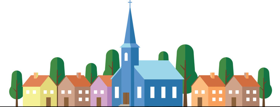 Colorful village houses with church building and trees flat vector illustration small town neighborhood landscape architecture community scene isolated on light background