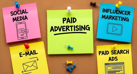 Sticky notes illustrating various digital marketing and paid advertising strategies like social media, email, influencer marketing, and paid search ads on a board.