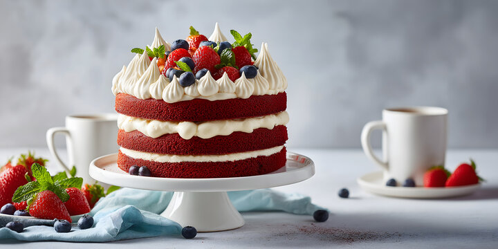 red velvet cake, naked cake, layer cake, cream cheese frosting, strawberries, blueberries, fresh berries, berry cake, white frosting, drip cake, celebration cake, birthday cake, wedding cake, cake sta