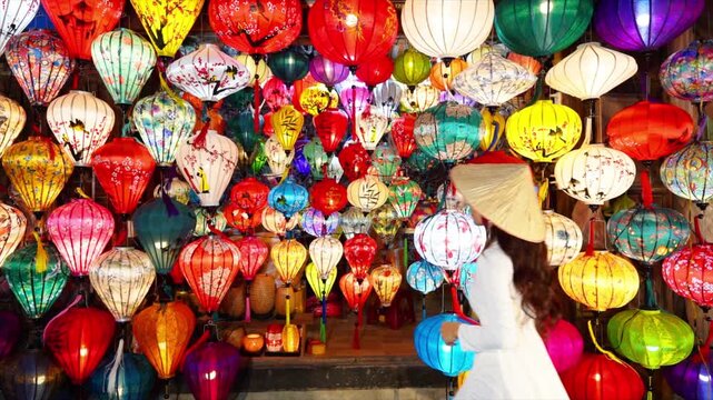 Asian woman wearing Ao Dai Vietnamese dress with colorful lanterns, traveler sightseeing at Hoi An ancient town in central Vietnam.