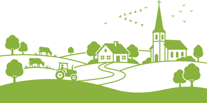 Green countryside village landscape with church farmhouse tractor cows and trees rural agriculture scene vector illustration isolated on white background