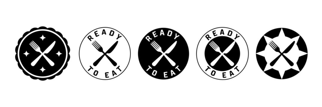Black and white food ready to eat icons with knives and forks